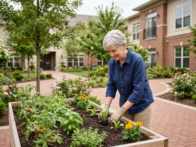 An older woman wearing gloves tends to plants in a raised garden bed outside a building, surrounded by greenery and flowers.