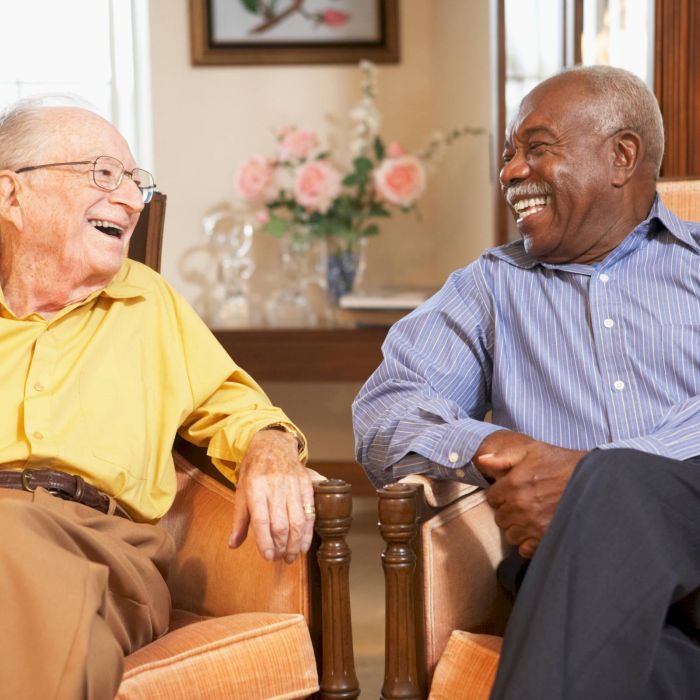 Two elderly men sitting in chairs, laughing and enjoying a conversation in a bright, cozy room.