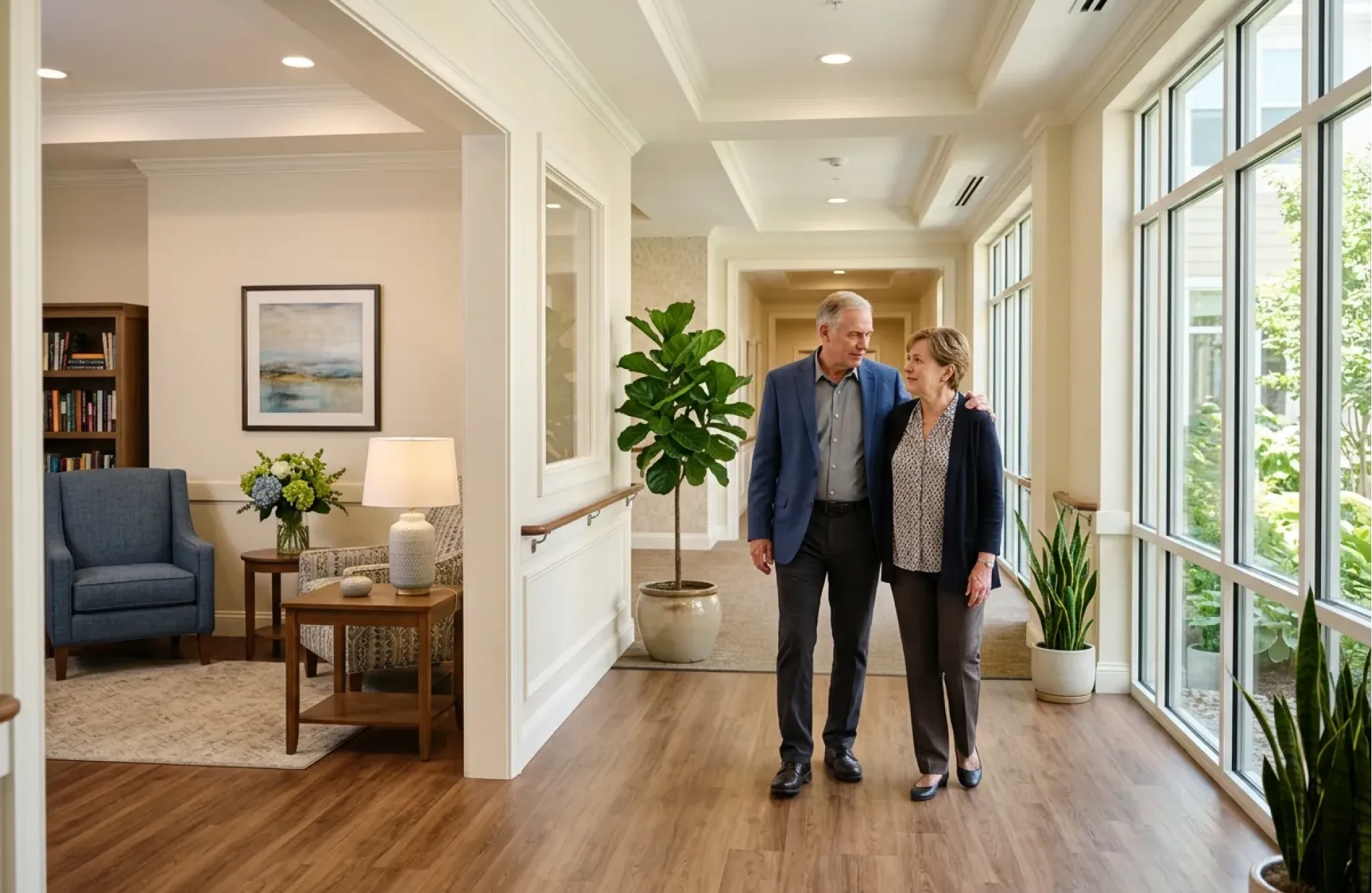 An elderly couple walks arm in arm down a bright hallway while touring assisted living in a modern, cozy building filled with plants.