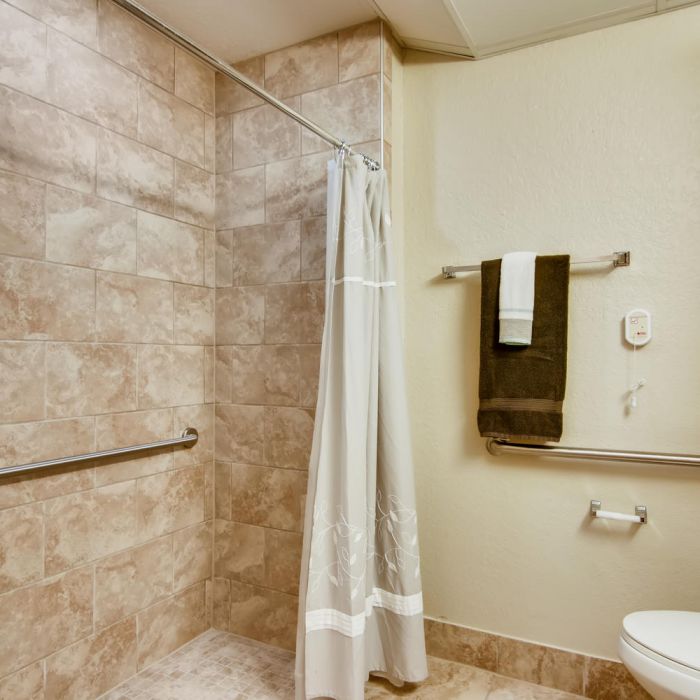 Accessible bathroom at The Terraces at Kingwood features a walk-in shower, grab bars, towel rack, and shower curtain.