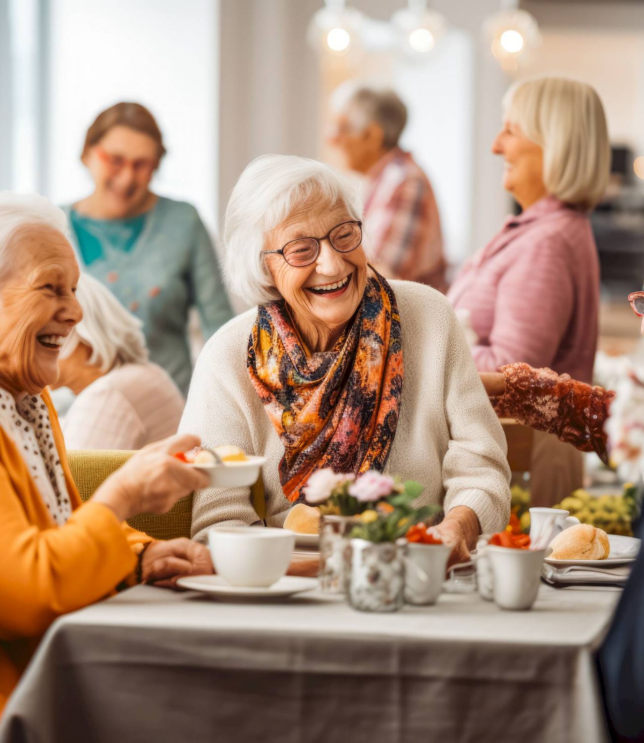 Elderly people laughing and talking together around a table with tea and pastries at Tarina of Kingwood’s bright dining room.