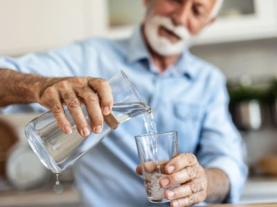 An older man pours a refreshing glass of water in his kitchen to hydrate himself.