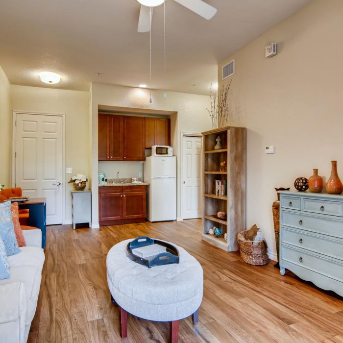 Cozy living room with light sofa, blue dresser, kitchen area, and warm wooden floors at Terraces at Kingwood senior living.