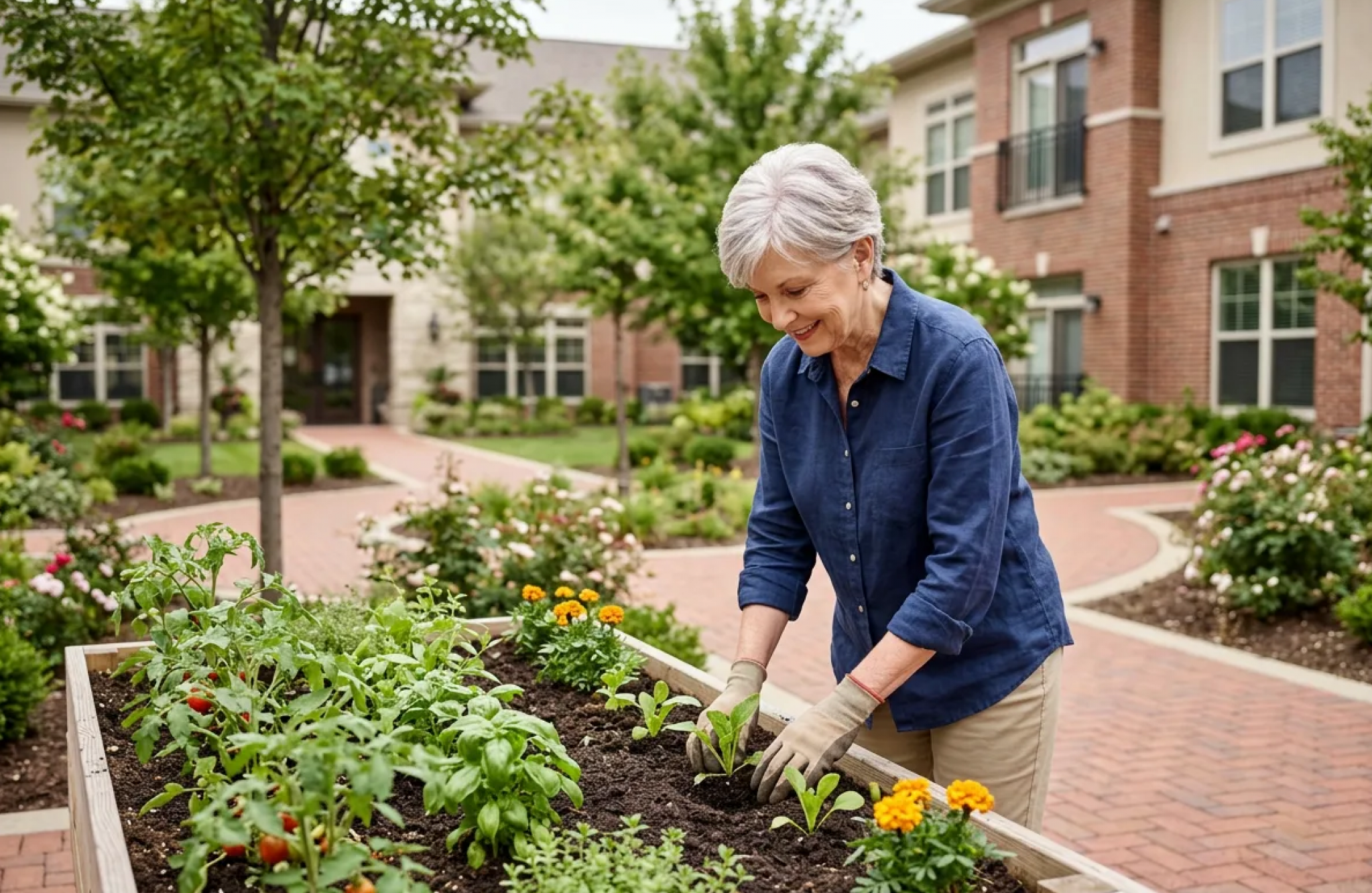 An older woman wearing gloves tends to plants in a raised garden bed outside a building, surrounded by greenery and flowers.