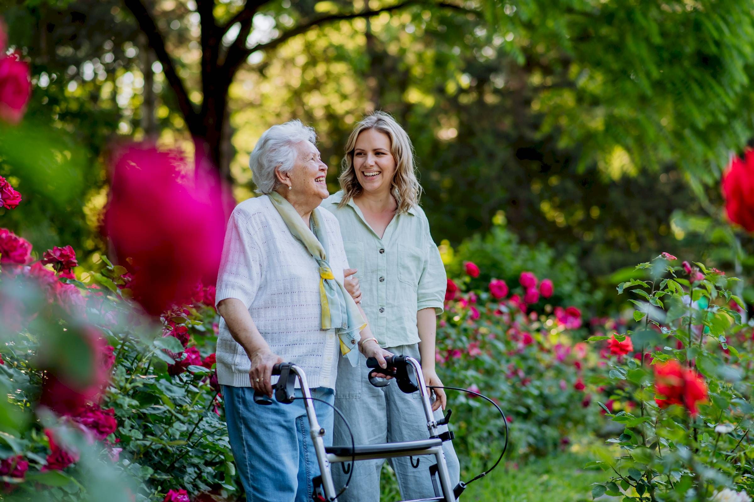 An elderly woman with a walker and a younger woman smile together in a garden filled with blooming roses.