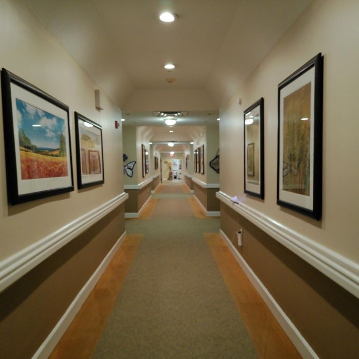 A long hallway in Tarina of Kingwood with framed artwork on cream-colored walls and carpeted floors, lit by ceiling lights.