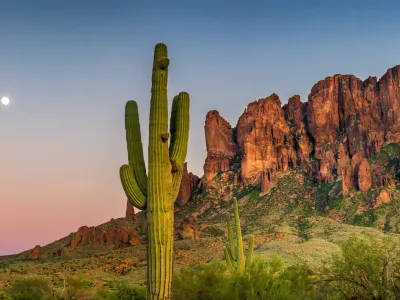 A tall cactus stands before rugged red mountains at sunset with a full moon in the clear sky.