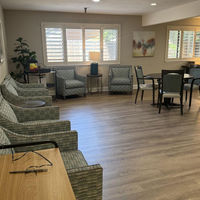 Bright lounge with patterned chairs, a round table, wall art, and sunlight—perfect for relaxing at Tarina of Stockton.