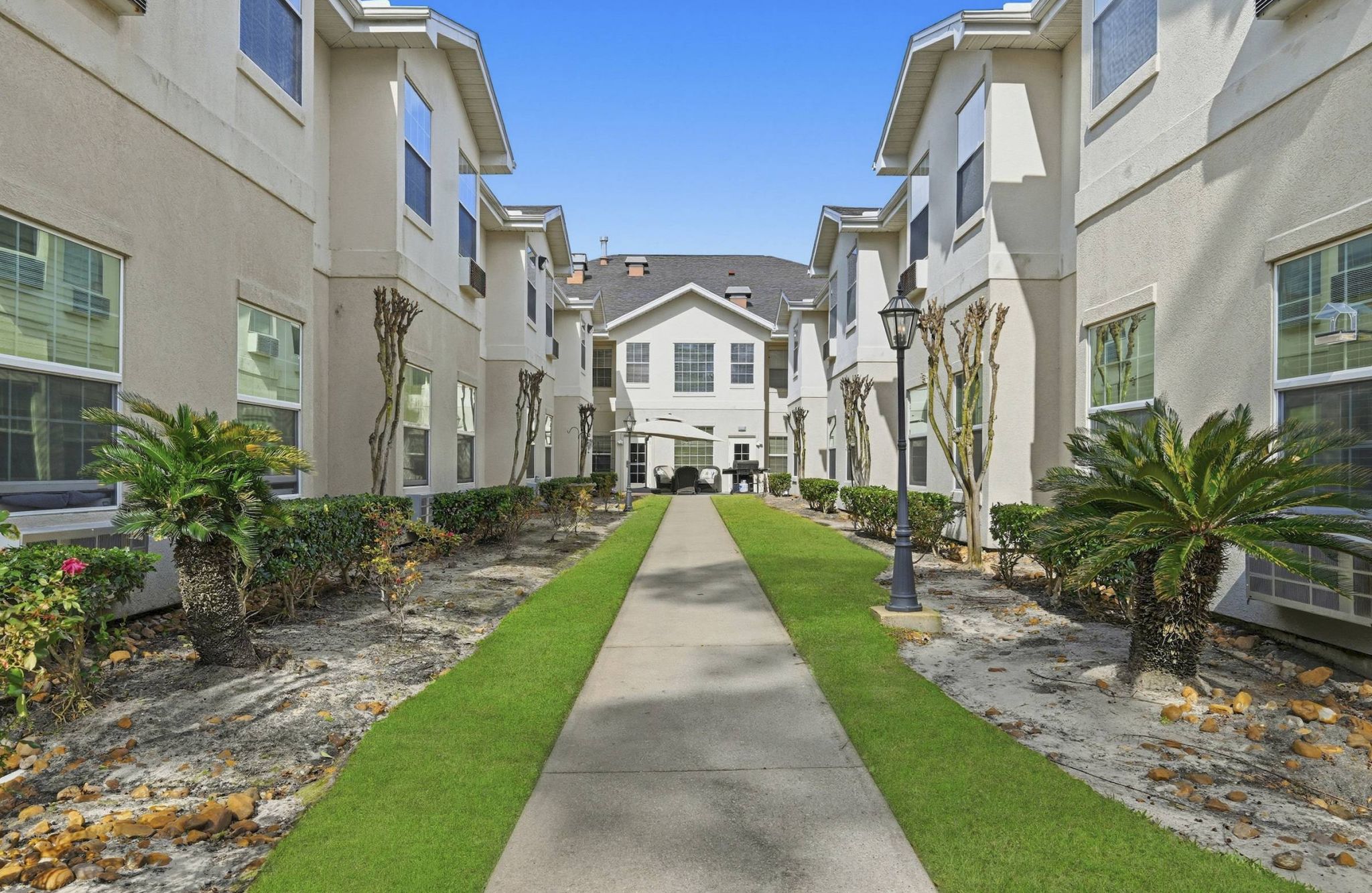 Pathway with green grass runs between two white Tarina of Cypresswood apartment buildings, trimmed bushes, and palm trees.