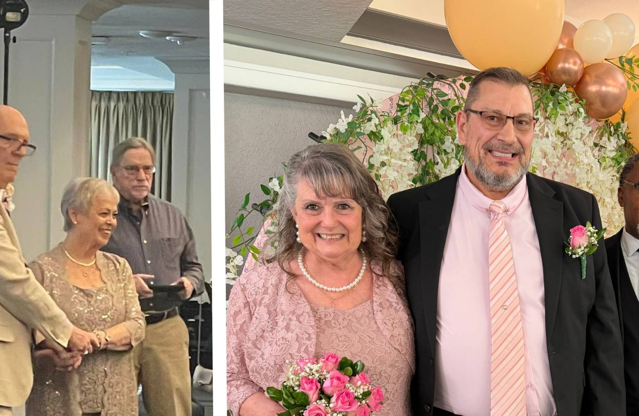 Two older couples dressed formally at a wedding, celebrating friendship and new beginnings as they pose with flowers and decorations.