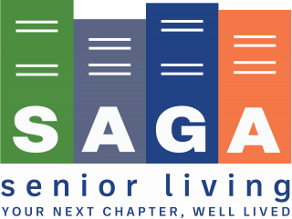 SAGA senior living logo with tagline: "YOUR NEXT CHAPTER, WELL LIVED"