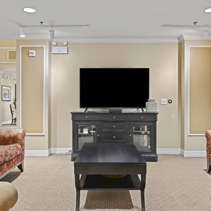 A living room at Tarina of Cypresswood with two patterned sofas, a black coffee table, and a TV on a black stand against a beige wall.