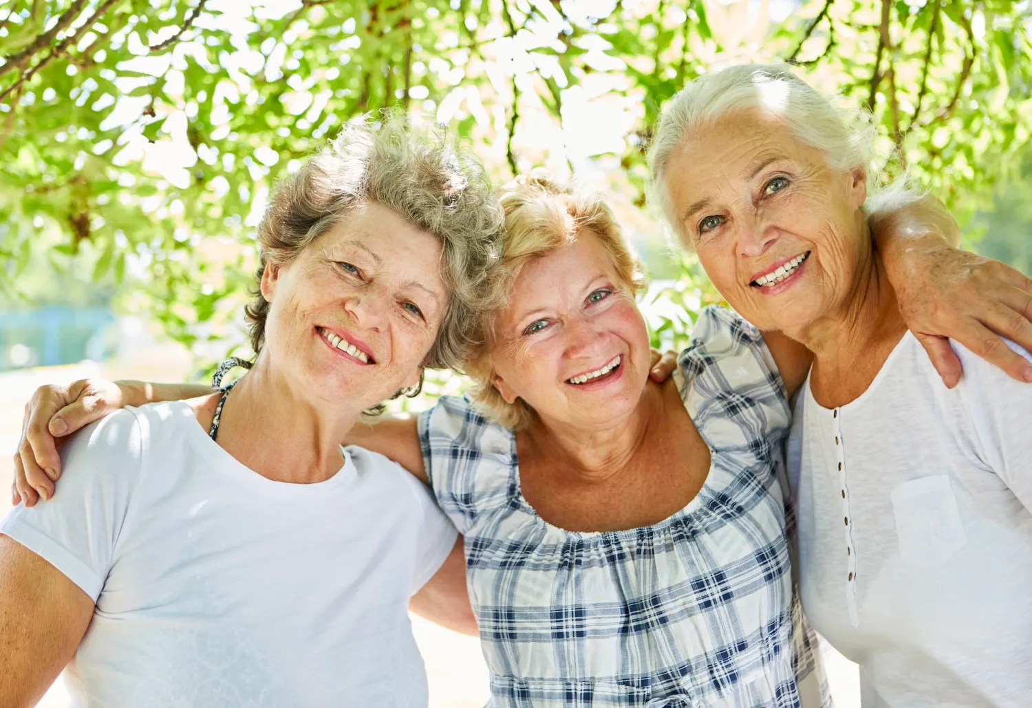 Three smiling older women standing close together outdoors, with trees and sunlight in the background.