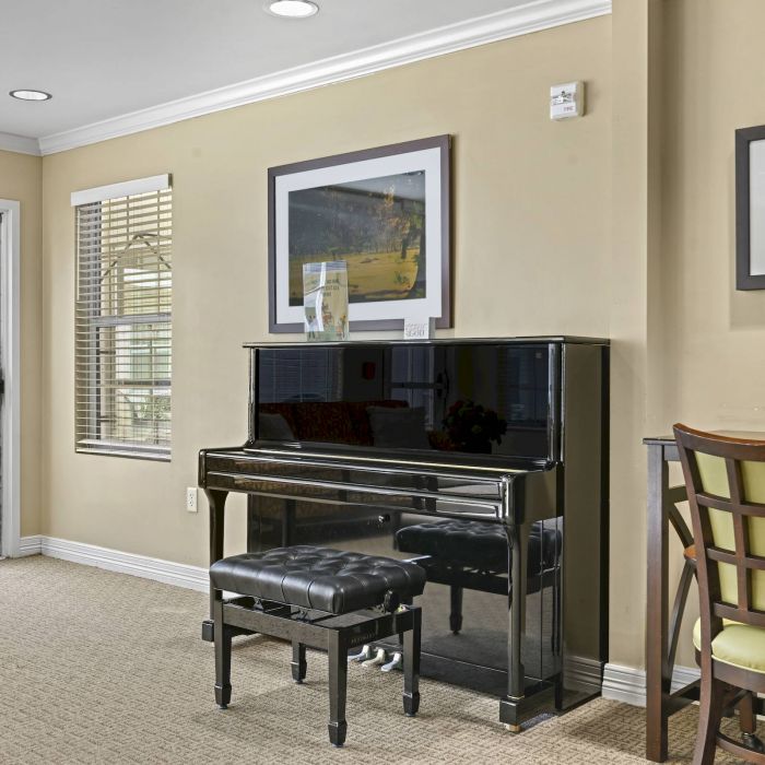 A black upright piano with a bench sits in a bright room near a window in Tarina of Cypresswood, with a desk and framed wall art.