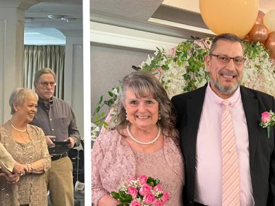 Two older couples dressed formally at a wedding, celebrating friendship and new beginnings as they pose with flowers and decorations.