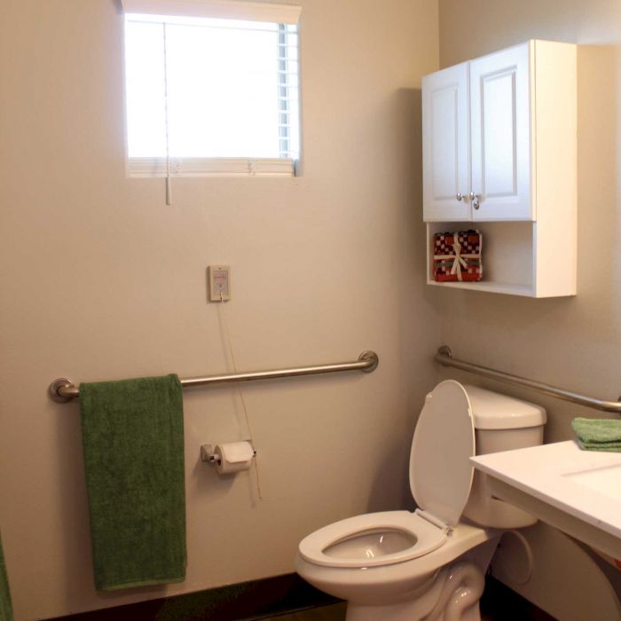 Accessible bathroom with a toilet, grab bars, green towel, wall cabinet, and a small window.
