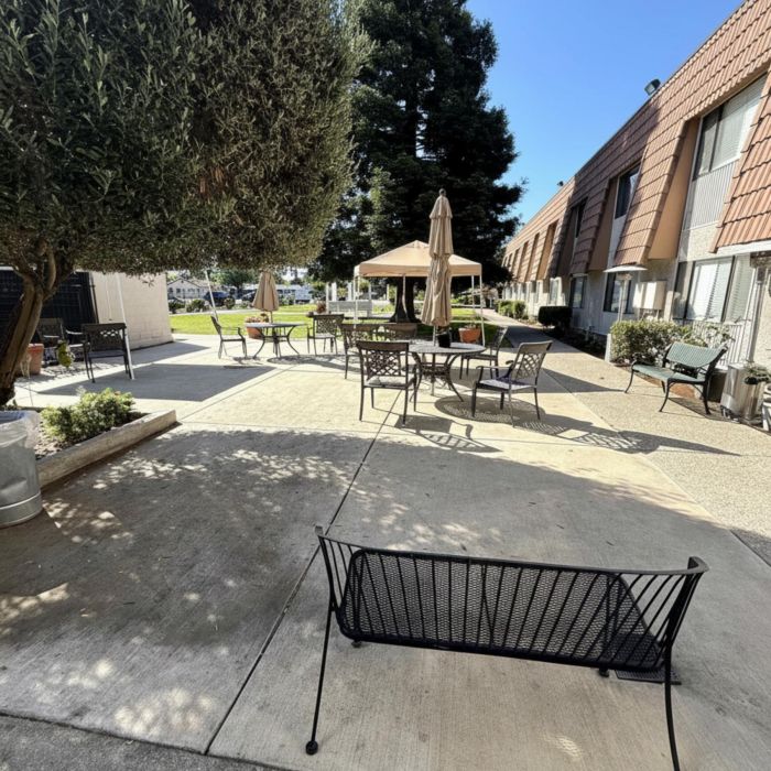 Sunny courtyard at Tarina of Stockton with metal benches, tables, and umbrellas beside a brown building and tall trees.