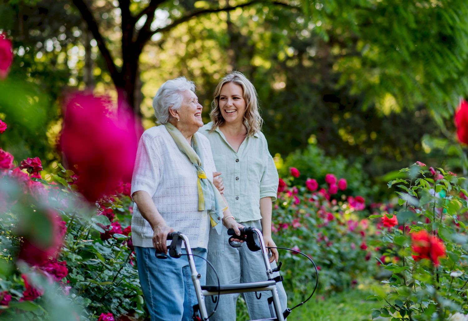 An elderly woman with a walker and a younger woman smile together in a garden filled with blooming roses.