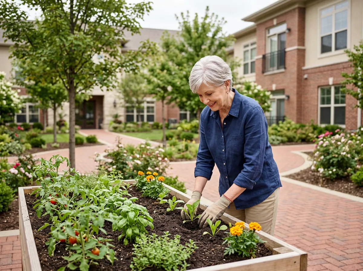 A senior woman enjoying her time outside gardening.