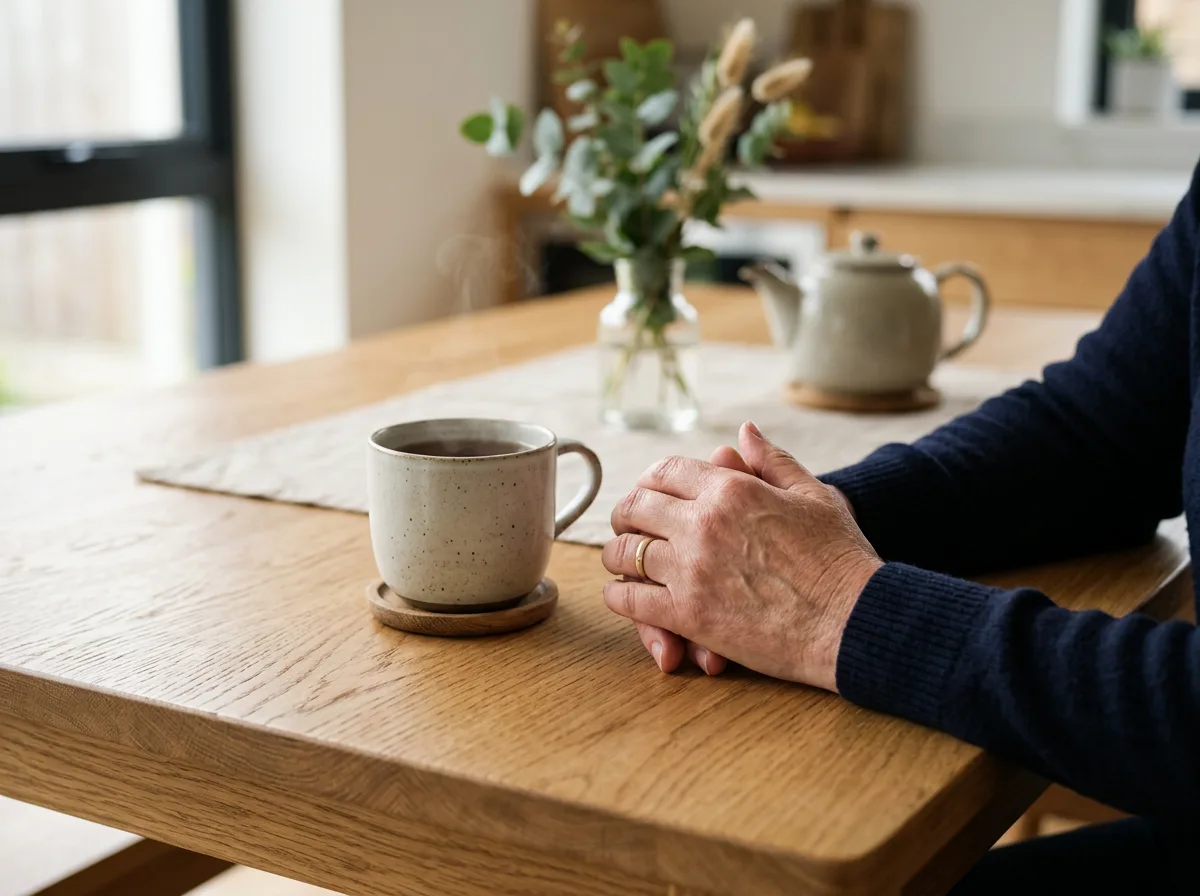 The hands of a senior sitting at a table next to a cup of coffee.