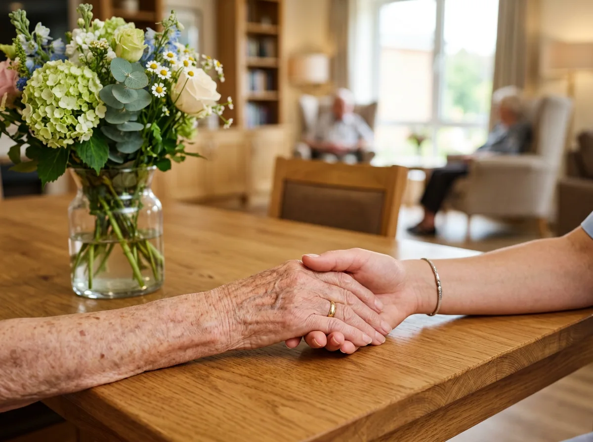 Two people hold hands on a wooden table with flowers, while others touring the assisted living facility are blurred in the background.