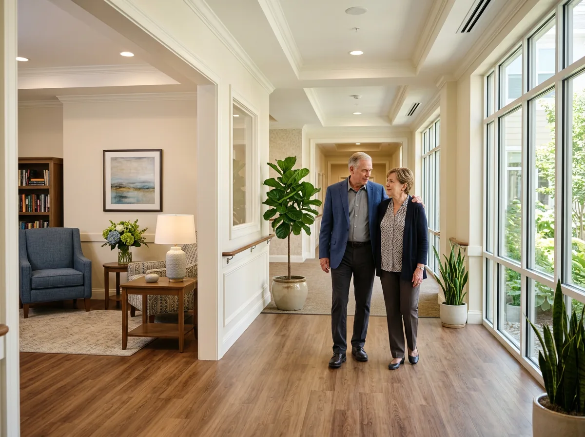 An elderly couple walks arm in arm down a bright hallway while touring assisted living in a modern, cozy building filled with plants.